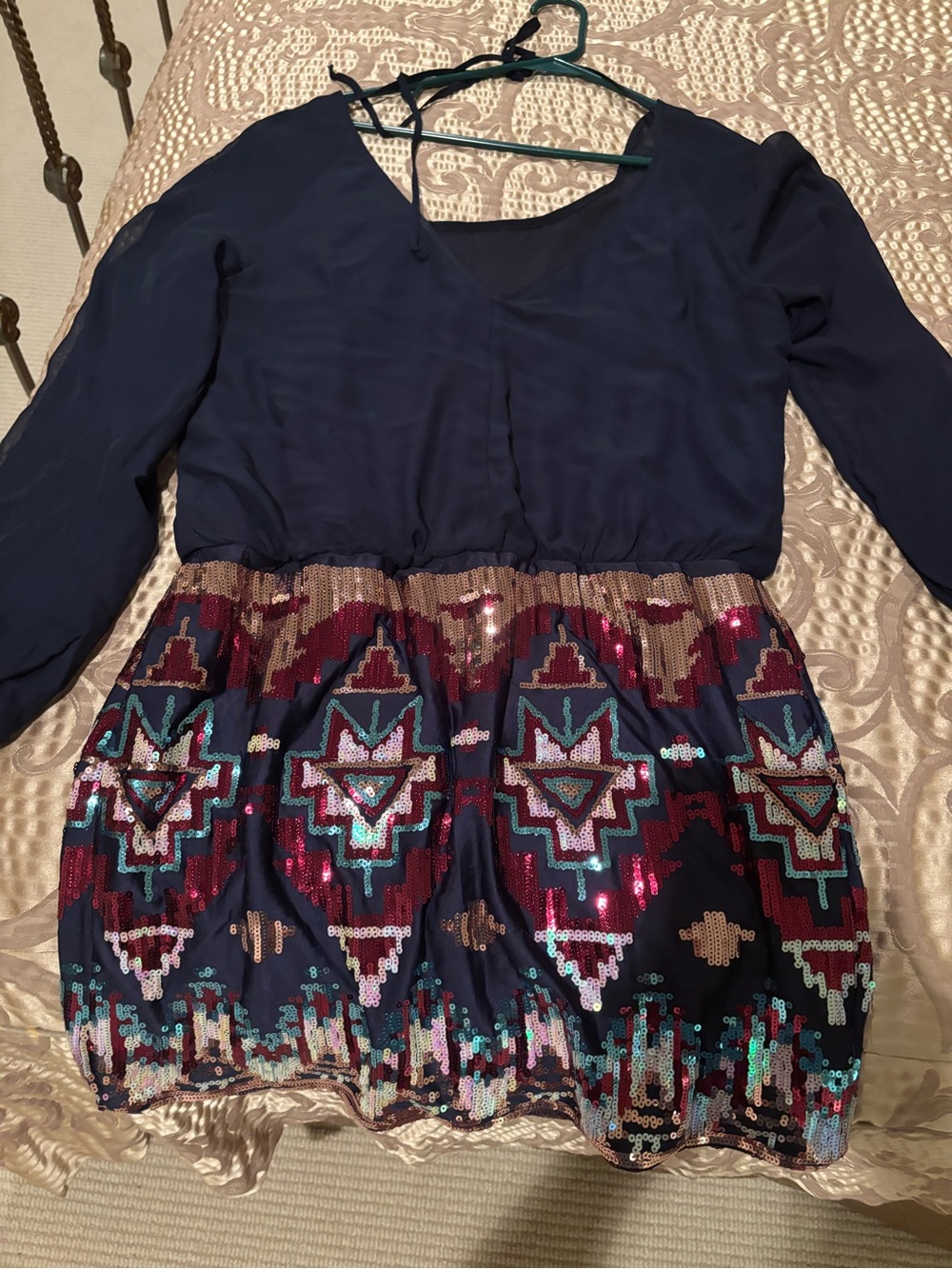 As U Wish Navy Long-Sleeve Dress with Multicolor Sequin Skirt